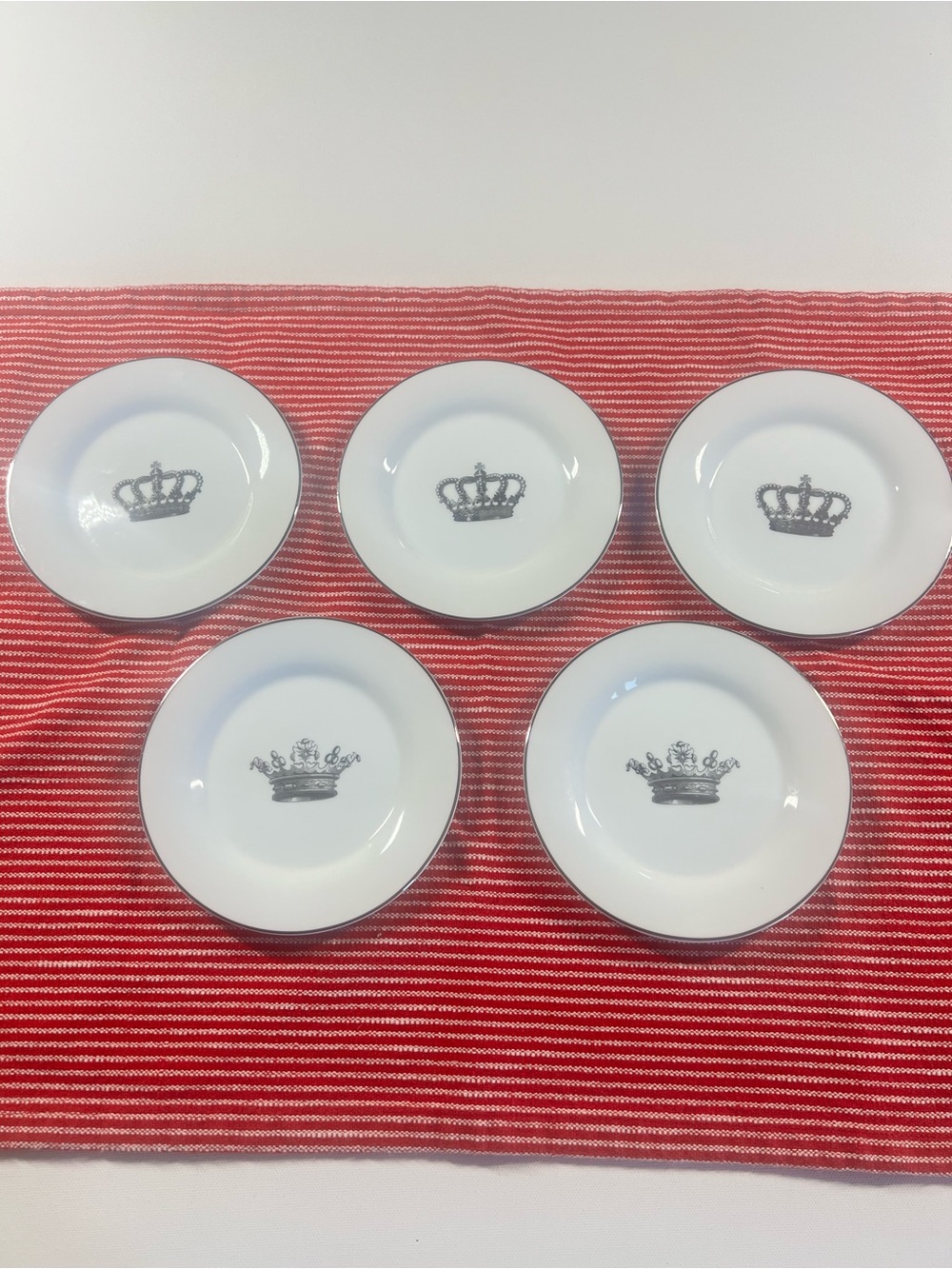 Sur La Table White Appetizer Plates Silver Crown Motif - Set of 5